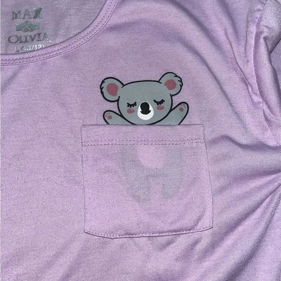Max & Olivia Lavender Long Sleeve Sleep Top koala pocket - Picture 3 of 5